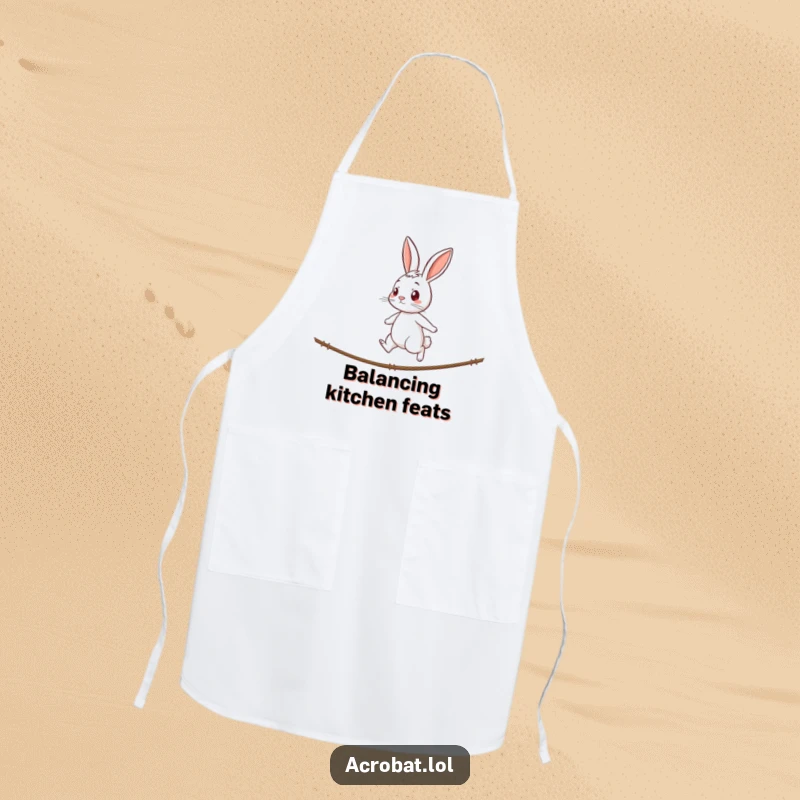 Funny rabbit apron featuring a curious rabbit with a determined expression walking a tightrope, perfect for humorous and focused cooking.