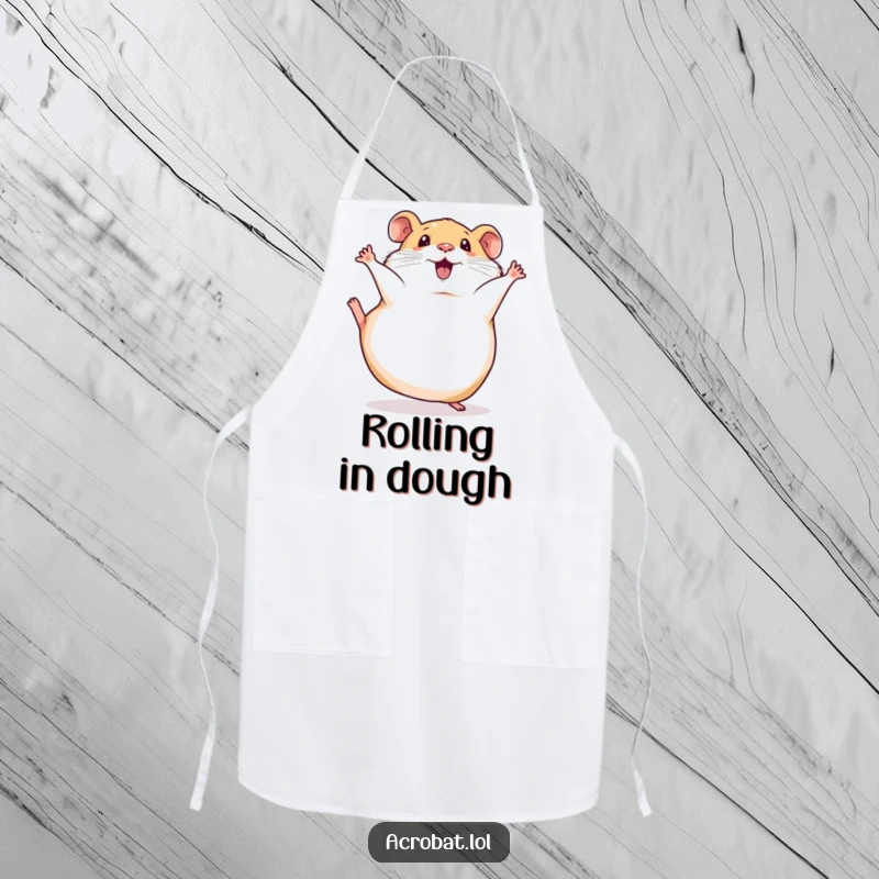 Funny apron showing a squishy hamster in a hilarious somersault, perfect for kitchen fun and pet lovers.