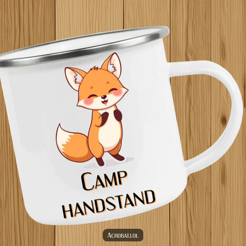 Funny camping mug depicting a cheerful fox doing a playful handstand with its tail wagging, ready for outdoor fun.