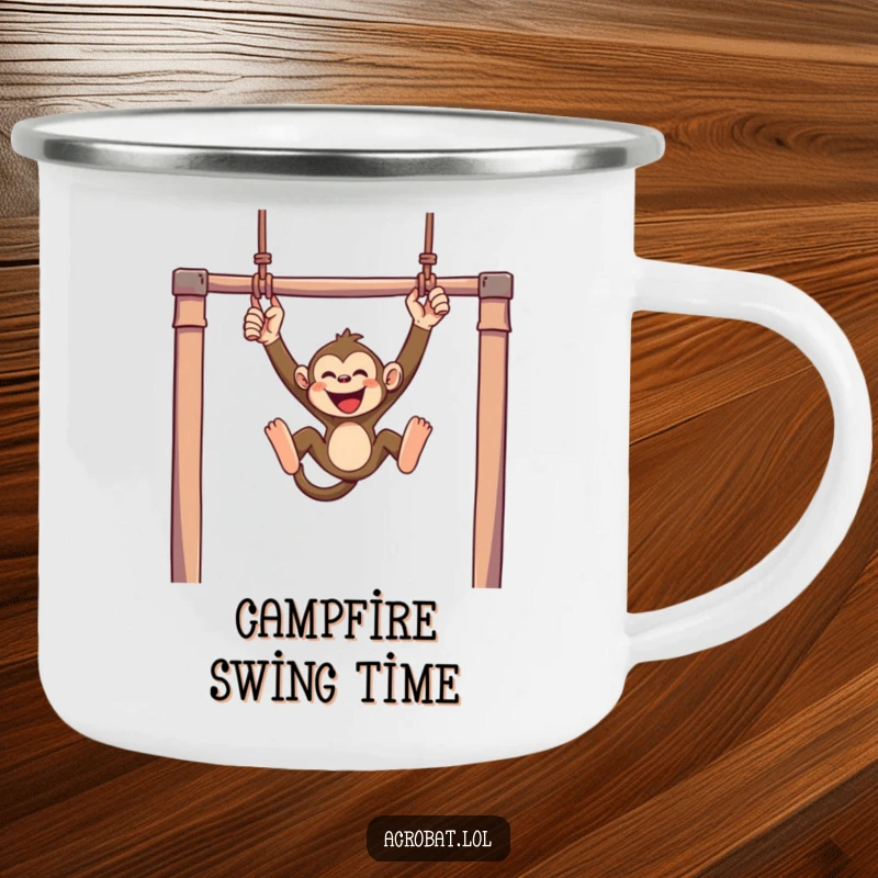 Funny monkey camping mug showing a mischievous monkey swinging with joyful abandon from trapeze bars, a humorous and sturdy companion for fun.