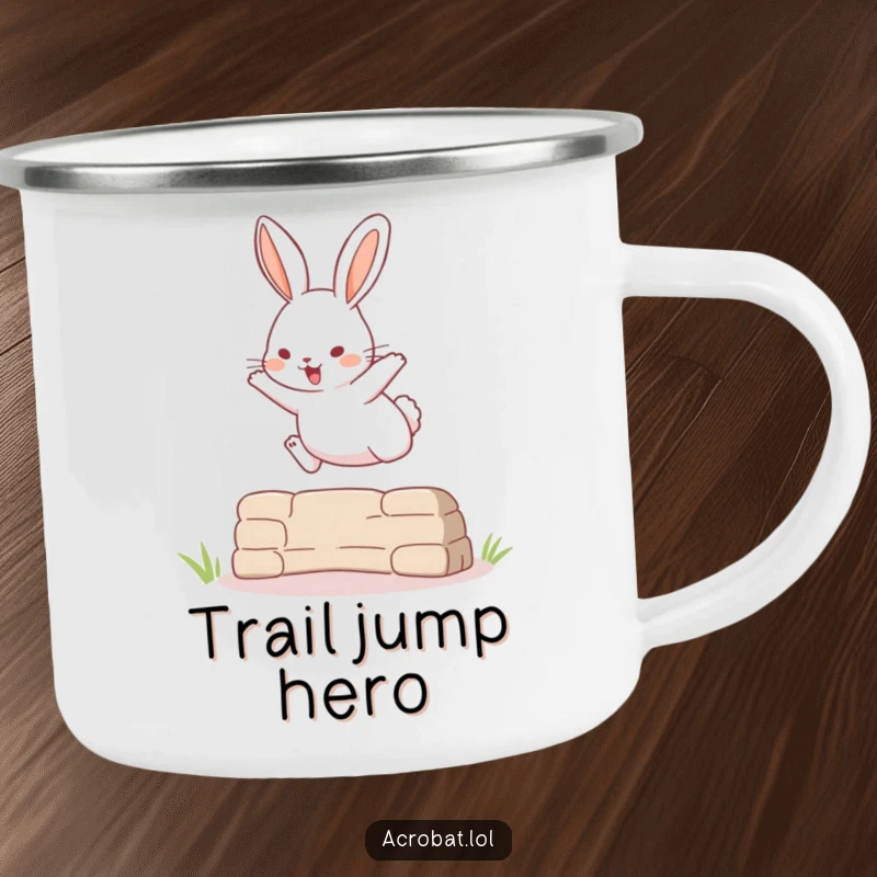 Funny camping mug depicting a playful rabbit performing a high jump over an obstacle, ready for outdoor fun.