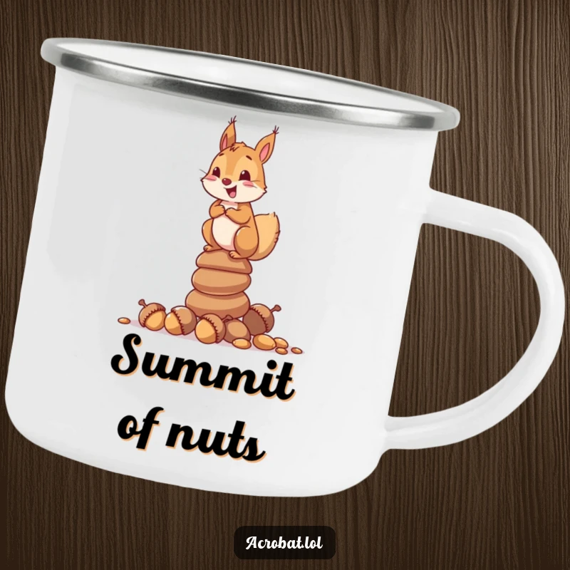 Funny camping mug depicting a curious squirrel delightedly balancing on a stack of acorns, perfect for outdoor enjoyment.