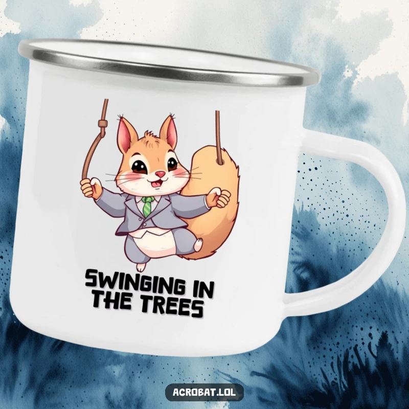Funny Squirrel Camping Mug: A playful squirrel in a tight suit swings on rings, ready for campfire stories and daring feats.