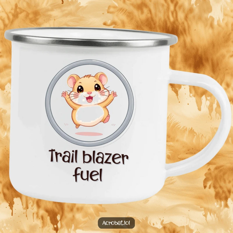 Funny hamster camping mug showing an energetic hamster with wide eyes leaping through a hoop, a humorous and sturdy choice for outdoor enjoyment.