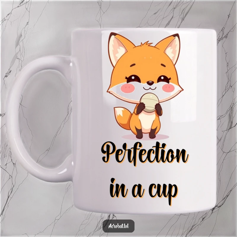 Funny fox mug showing a playful fox with a wide grin balancing a tiny ball on its nose, a humorous and skillful depiction.