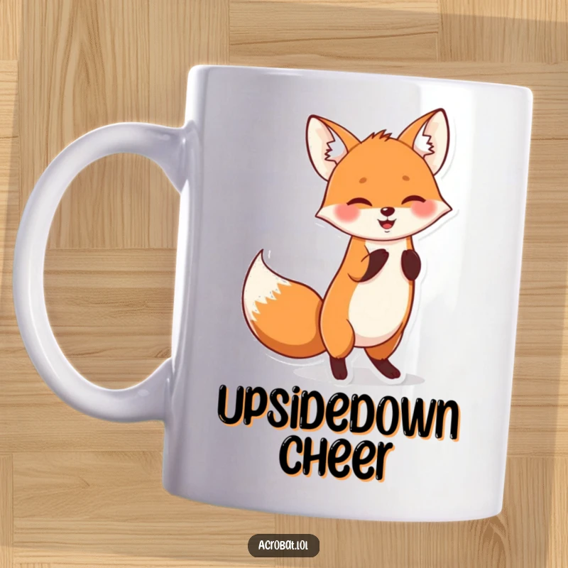 Funny mug showing a cheerful fox doing a playful handstand with its tail wagging, radiating pure happiness.