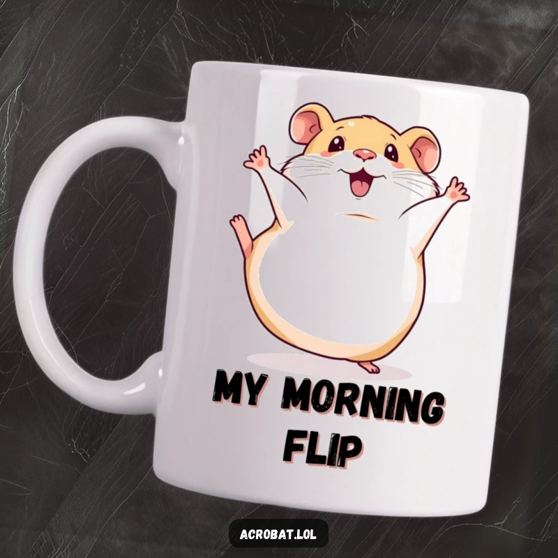 Funny mug with a squishy hamster performing a hilarious somersault, legs flailing in the air, bringing pure comedic delight.