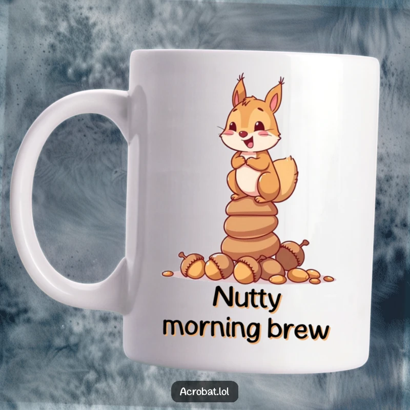 Funny mug showing a curious squirrel joyfully balancing atop a precarious stack of acorns, full of delightful mischief.
