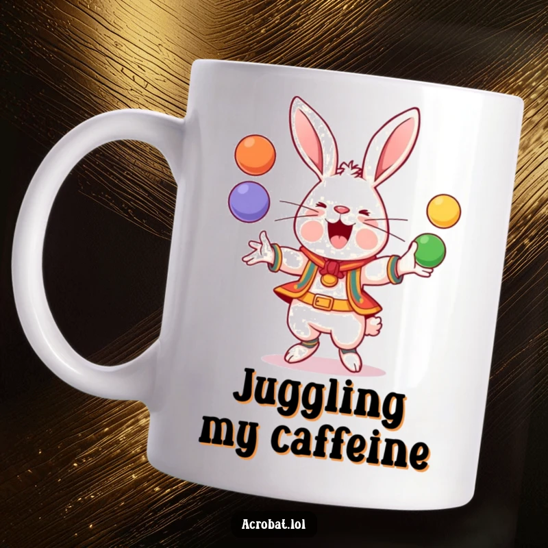 Funny Rabbit Mug: A cheerful rabbit in acrobatic gear skillfully juggles multiple colorful balls, radiating fun.