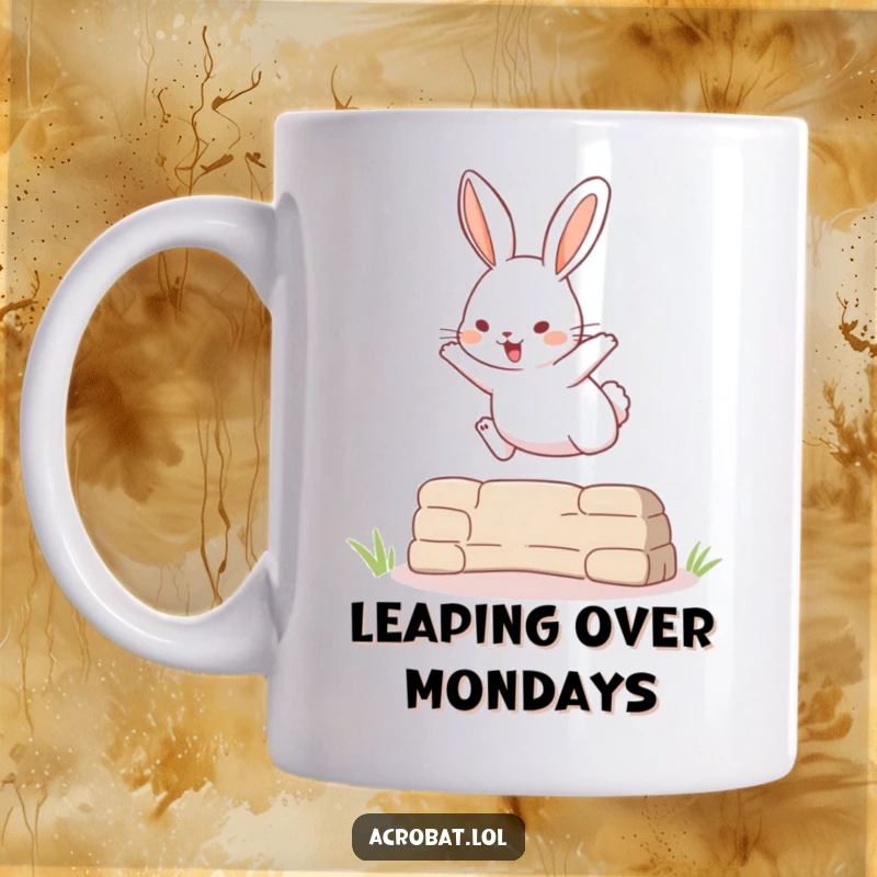 Funny mug featuring a playful rabbit performing a surprisingly high jump over a small obstacle, capturing dynamic motion.