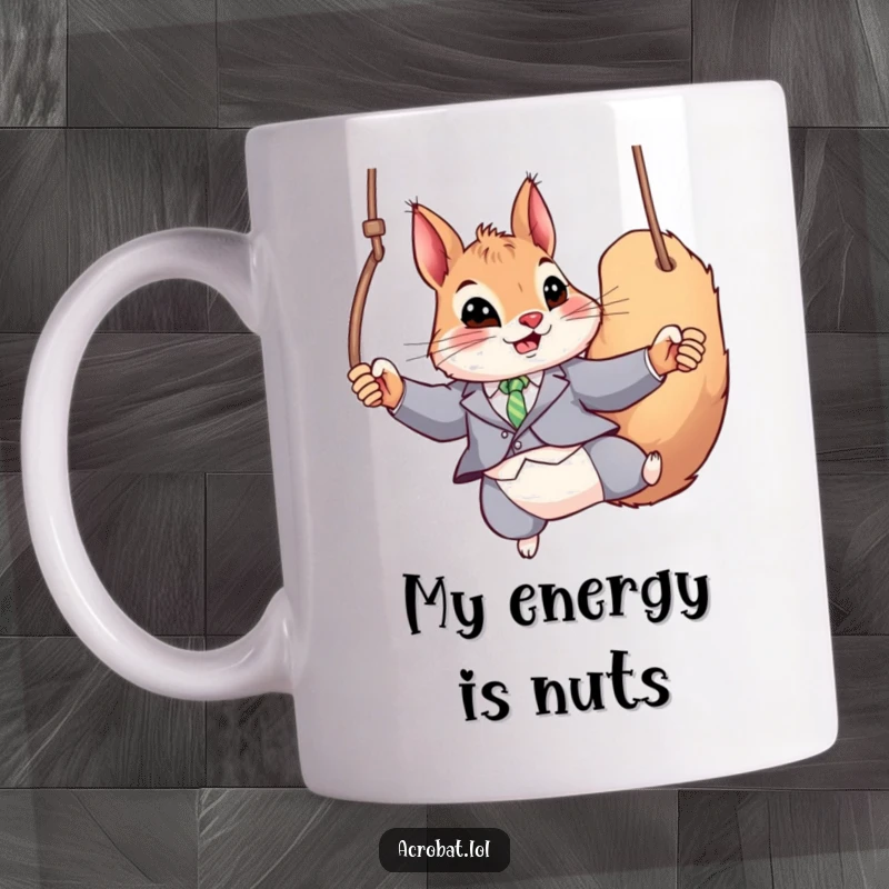 Funny Squirrel Mug: A playful squirrel in a tight, stylish suit swings energetically on gymnastic rings.