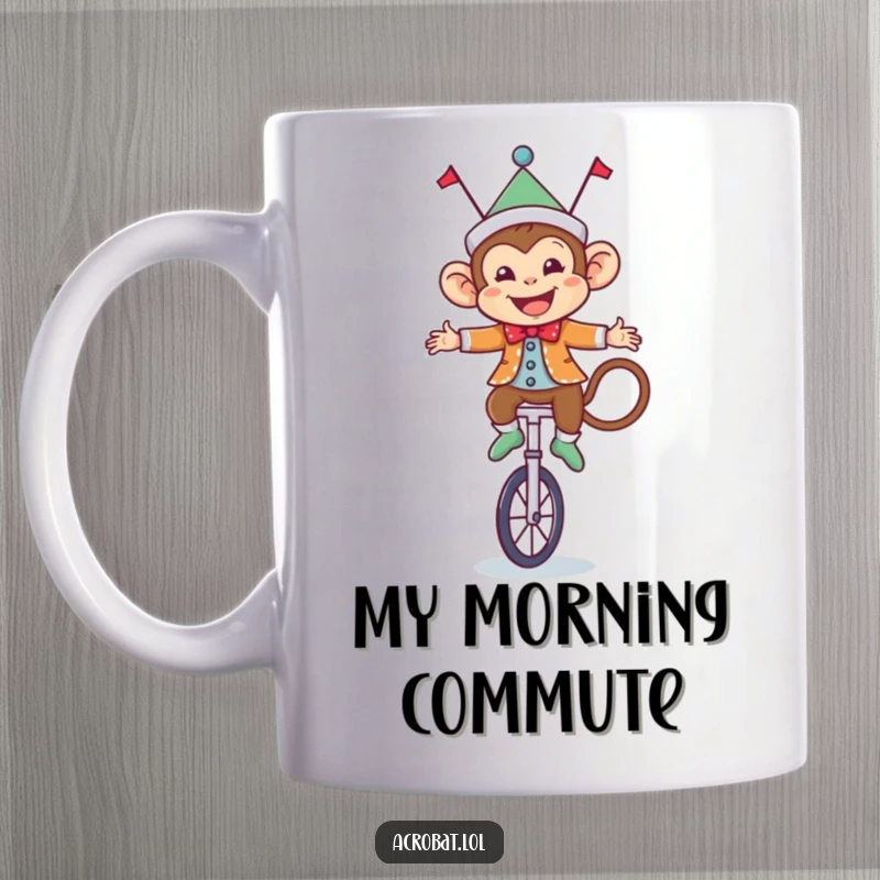 Funny Monkey Mug: A happy circus monkey in a colorful outfit expertly balances on a tiny unicycle, radiating pure joy and mischief.