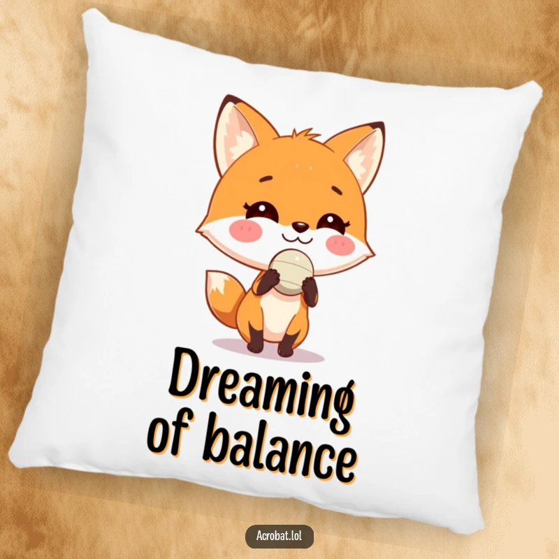 Funny fox pillow showing a playful fox with a grin balancing a small ball on its nose, offering humorous comfort and stylish decor.
