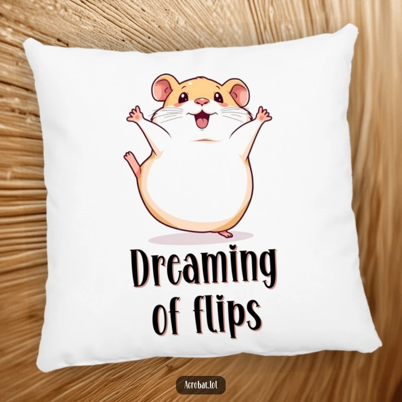 Funny pillow featuring a squishy hamster in a comical somersault pose, adding a touch of pet-inspired humor to decor.