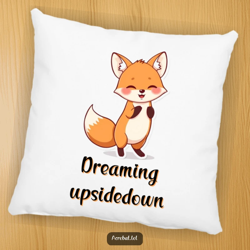 Funny pillow featuring a cheerful fox doing a playful handstand with its tail wagging, bringing whimsical fun indoors.