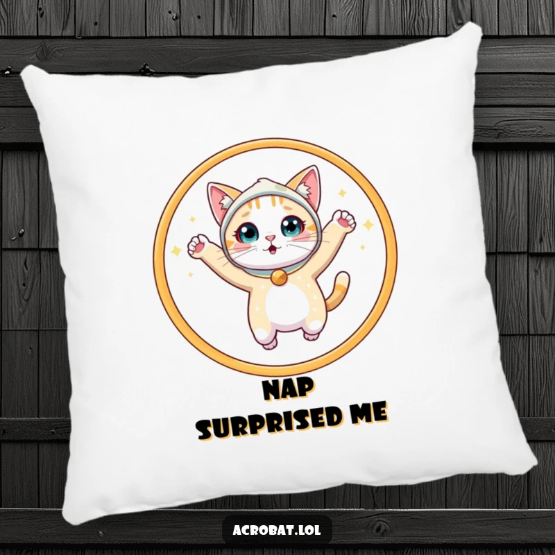 Funny Cat Pillow: A cute and surprised cat wearing a sparkly costume jumps through a hoop, offering a soft and humorous decorative piece.