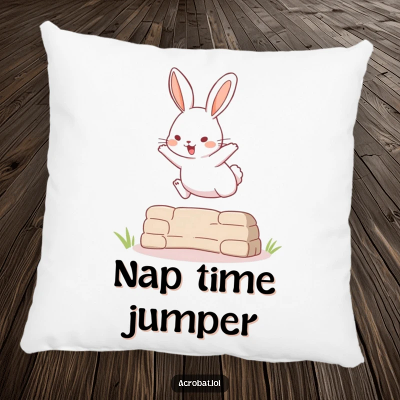 Funny pillow featuring a playful rabbit performing a surprisingly high jump over an obstacle, bringing active charm indoors.