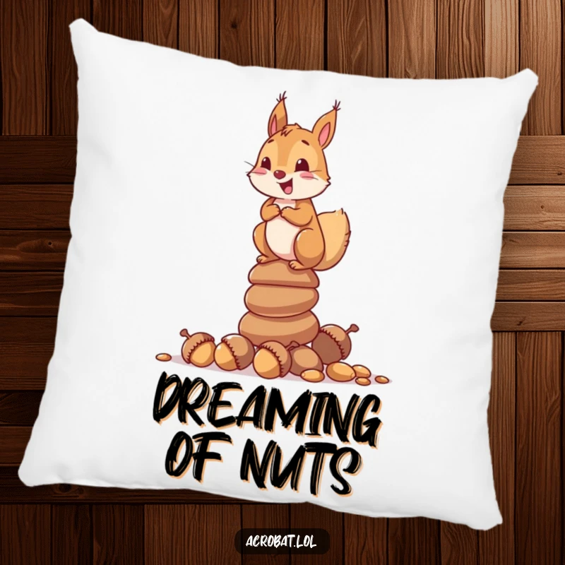 Funny pillow featuring a curious squirrel delightedly balancing on a stack of acorns, bringing whimsical charm to any room.