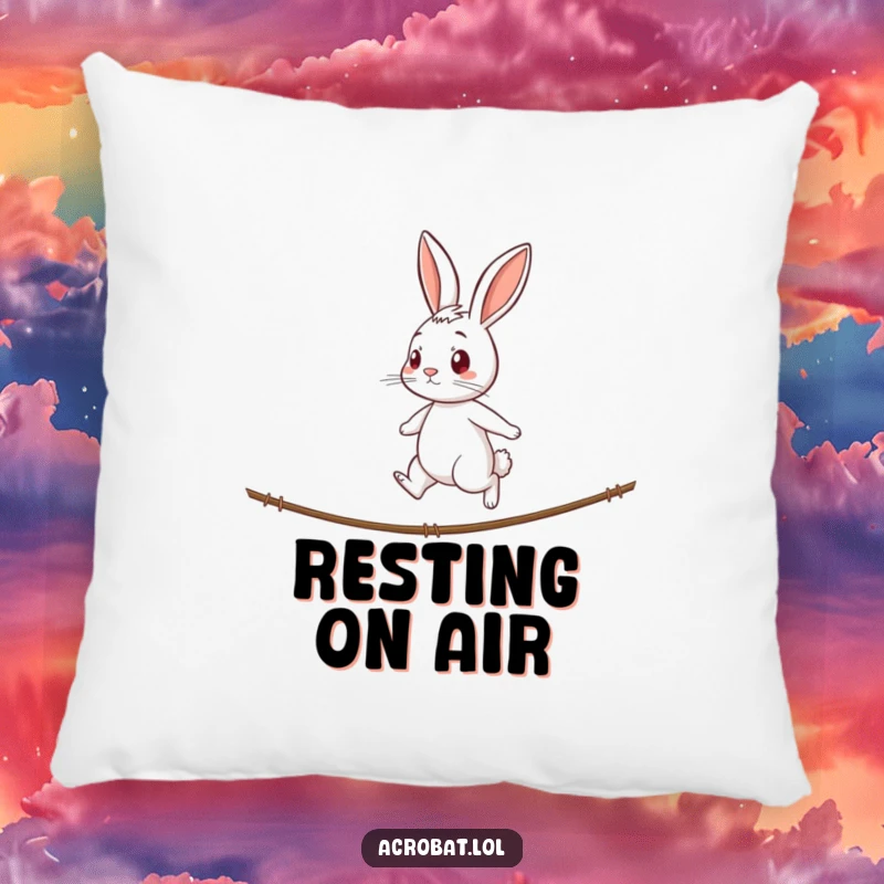 Funny rabbit pillow showing a curious rabbit with a determined expression walking a tightrope, offering humorous comfort and focused decor.