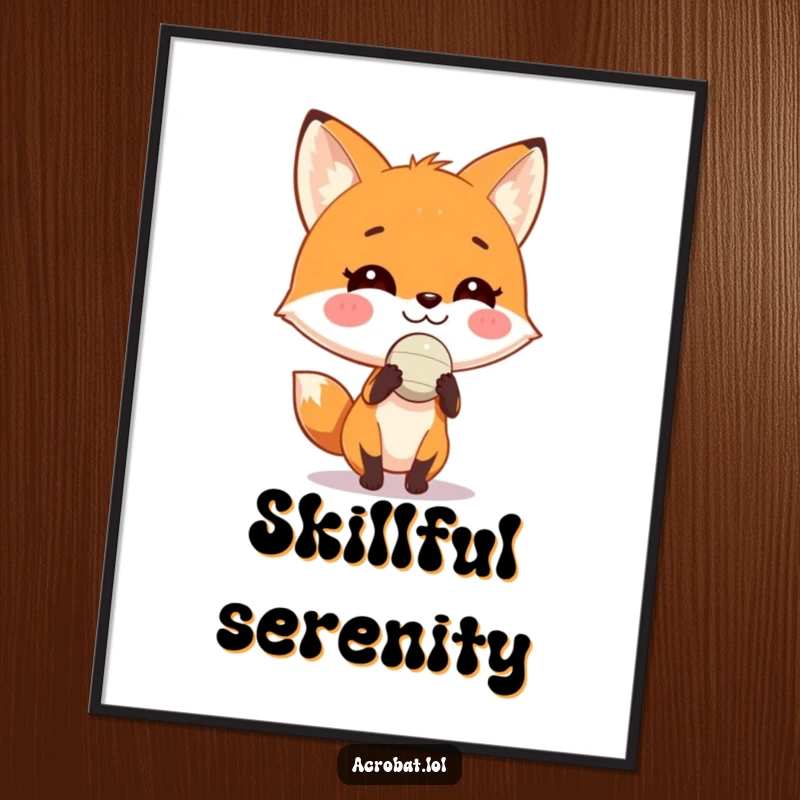Funny fox digital art print of a playful fox with a wide grin balancing a tiny ball on its nose, offering witty and humorous visual appeal.