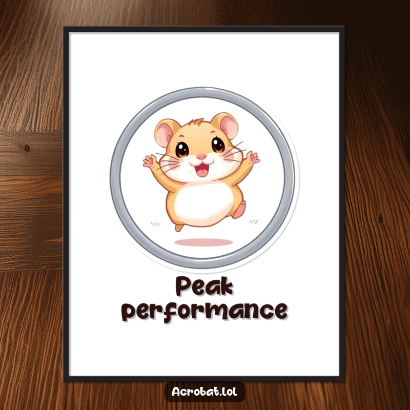 Funny hamster digital art print of an energetic hamster with wide eyes leaping through a hoop, offering a humorous and lively visual experience.