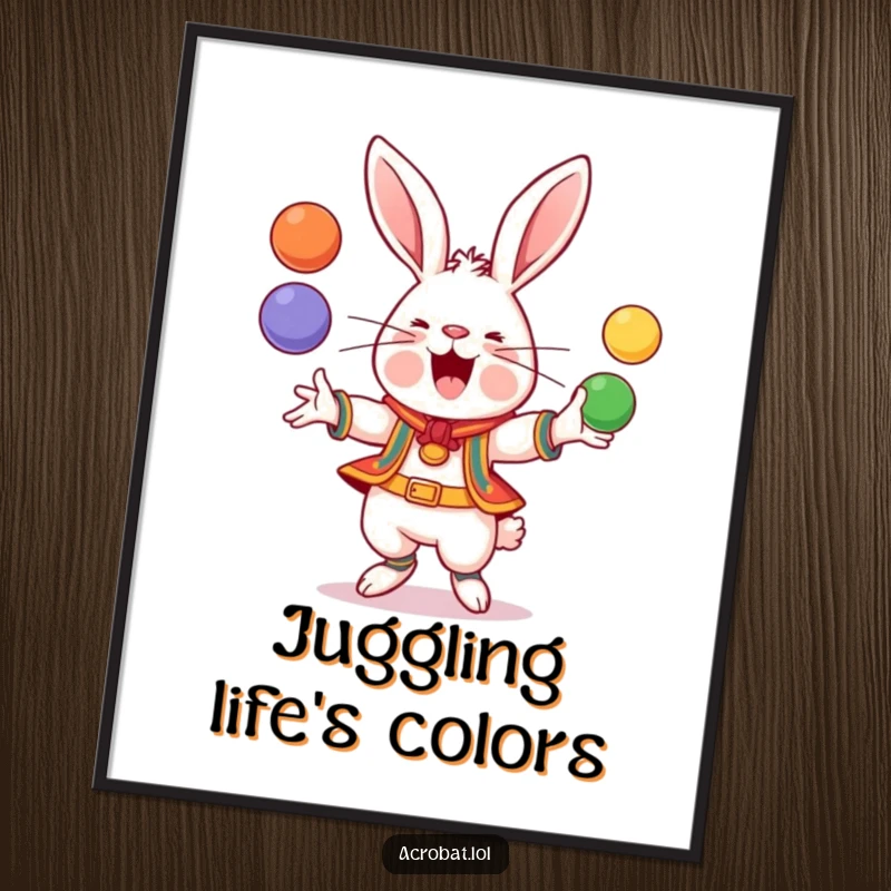 Funny Rabbit Digital Art: A cheerful rabbit in athletic gear skillfully juggles multiple bright, colorful balls, creating a dynamic and humorous piece.