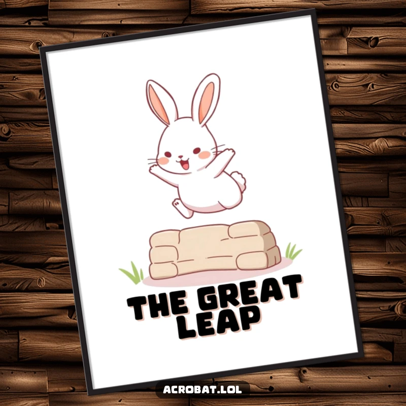 Funny digital art print of a playful rabbit achieving a surprisingly high jump over an obstacle, full of athletic charm.