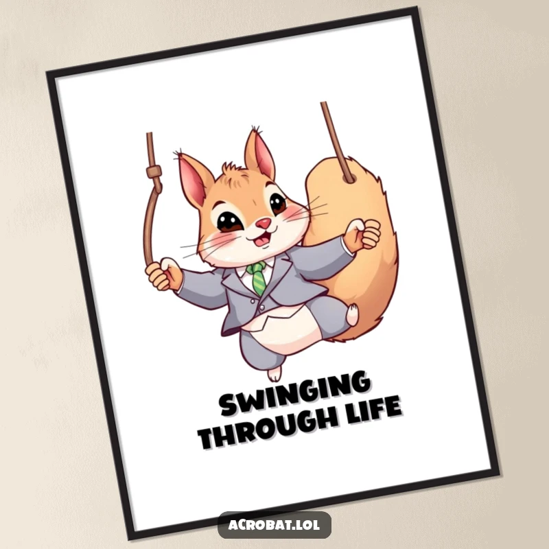 Funny Squirrel Digital Art: A playful squirrel wearing a fitted suit swings energetically on gymnastic rings, creating a dynamic and humorous piece.