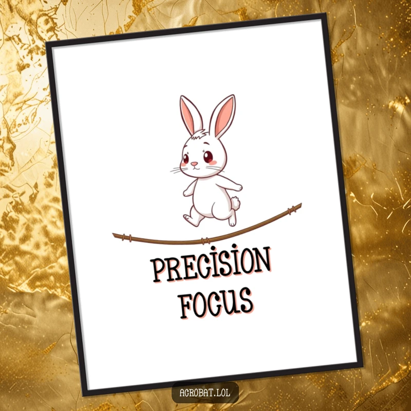 Funny rabbit digital art print of a curious rabbit with a determined expression walking a tightrope, offering focused and humorous visual appeal.