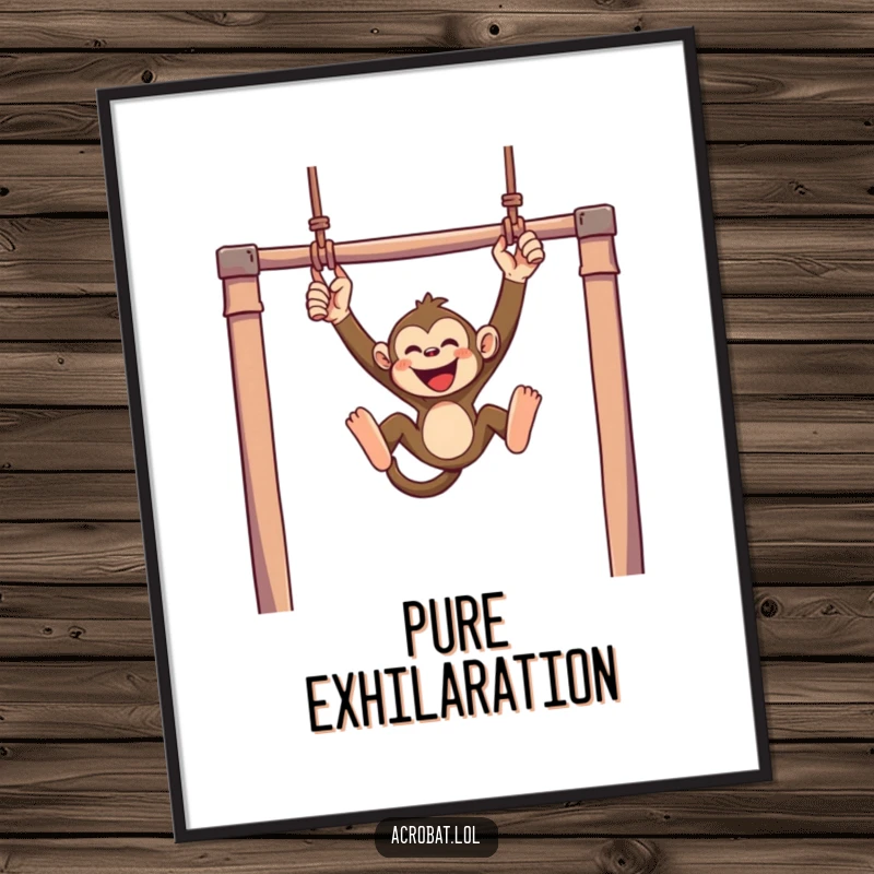 Funny monkey digital art print of a mischievous monkey swinging with joyful abandon from trapeze bars, offering joyful and humorous visual appeal.