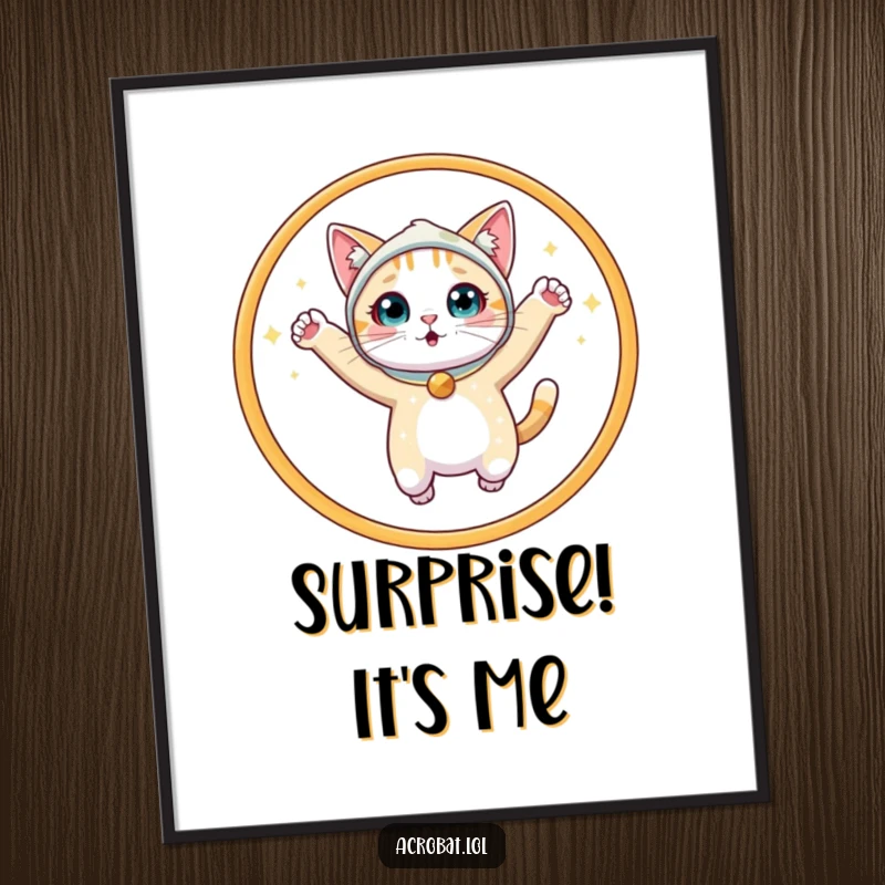 Funny Cat Digital Art: A cute, surprised cat in a glittering costume leaps through a shining hoop, creating a dynamic and humorous piece.