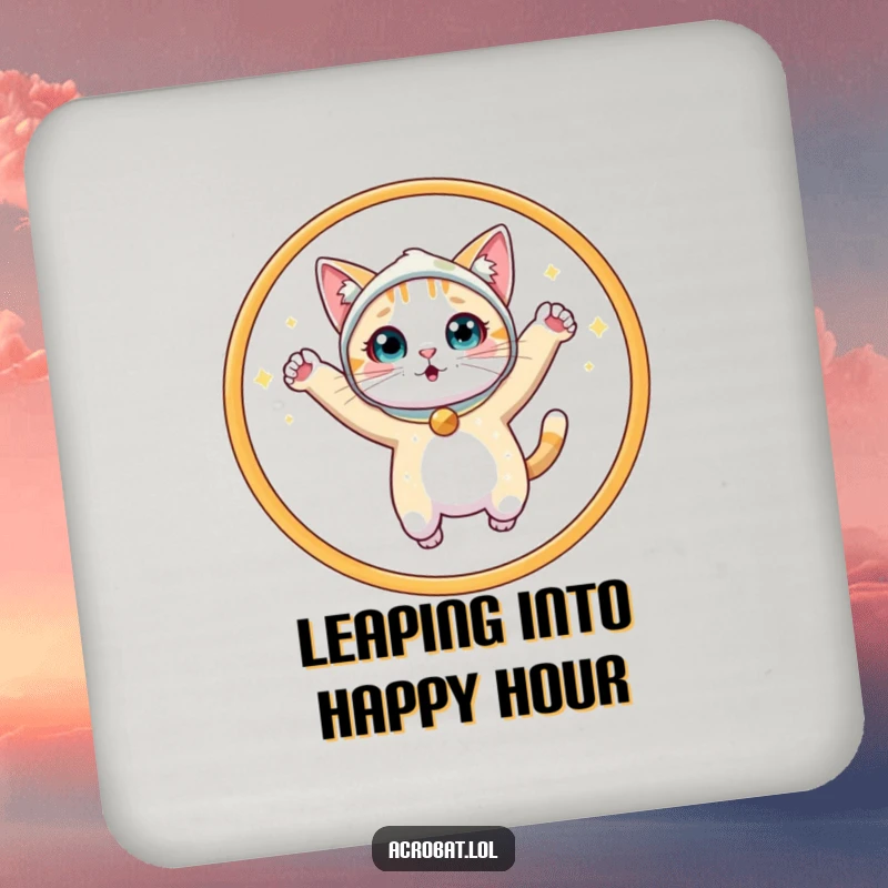 Funny Cat Coaster: A surprised cat in a sparkly costume leaps through a hoop, adding a humorous and stylish touch to your furniture.