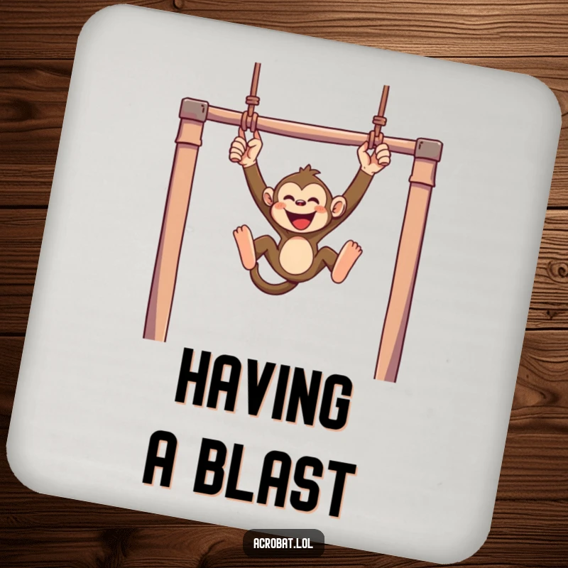 Funny monkey drink coaster featuring a mischievous monkey swinging with joyful abandon from trapeze bars, a humorous and practical home accessory.