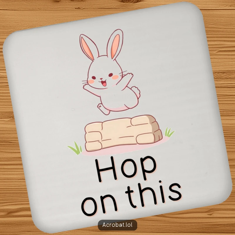 Funny drink coaster showing a playful rabbit executing a high jump over an obstacle, adding a dynamic touch.