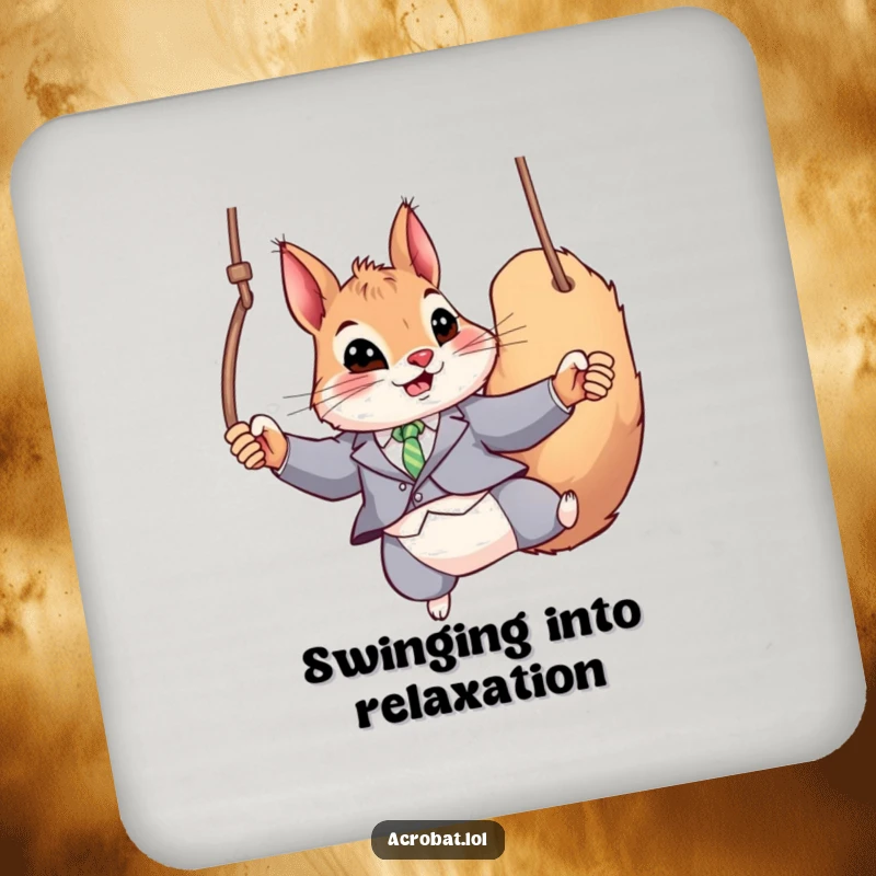 Funny Squirrel Coaster: A playful squirrel in a tight suit swings on rings, adding a humorous and protective touch to your furniture.