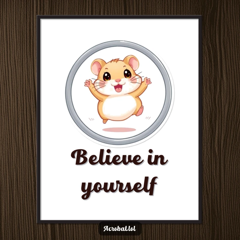 Funny hamster poster depicting an energetic hamster with wide eyes executing a thrilling hoop jump, adding a humorous and lively touch.