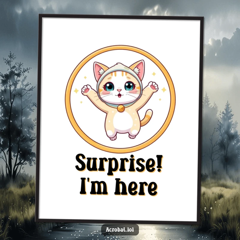 Funny Cat Poster: A surprised, cute cat in a glittering costume leaps through a sparkling hoop, creating a dynamic and humorous artwork.