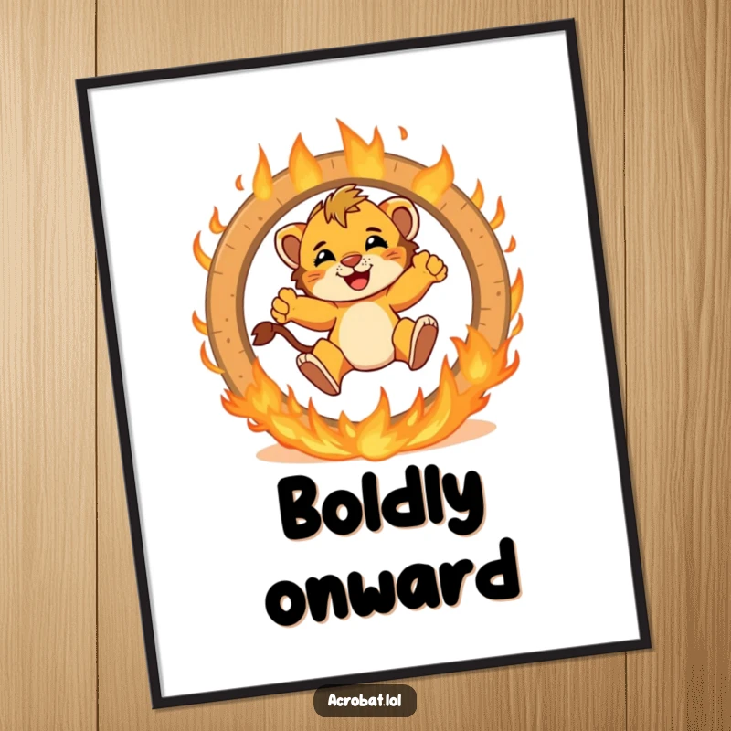 Funny lion cub poster depicting a brave cub jumping with excitement through a flaming ring, a humorous and thrilling piece of art.