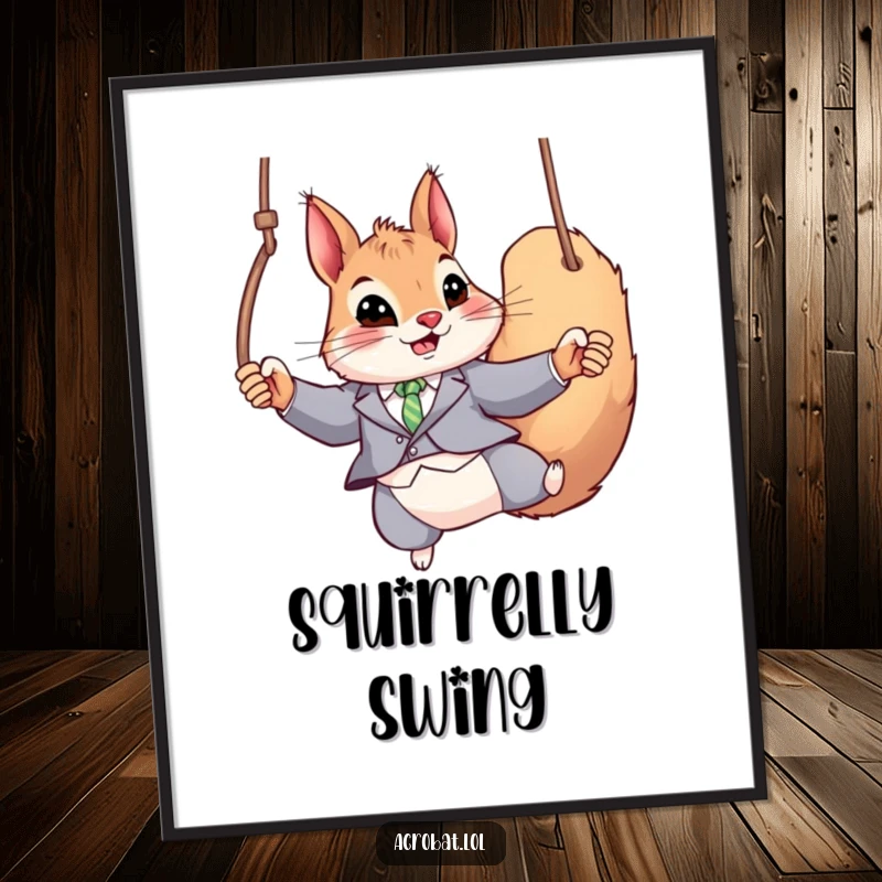 Funny Squirrel Poster: A playful squirrel wearing a fitted suit is captured mid-swing on gymnastic rings, radiating athleticism and humor.