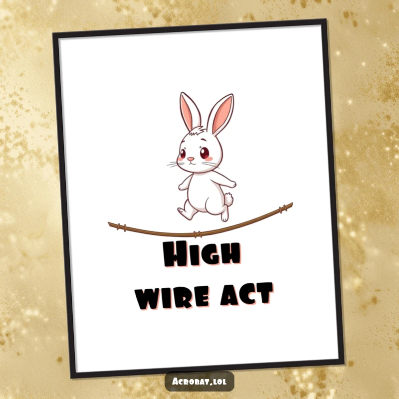 Funny rabbit poster depicting a curious rabbit with a determined expression walking a tightrope, a humorous and inspiring piece of wall art.