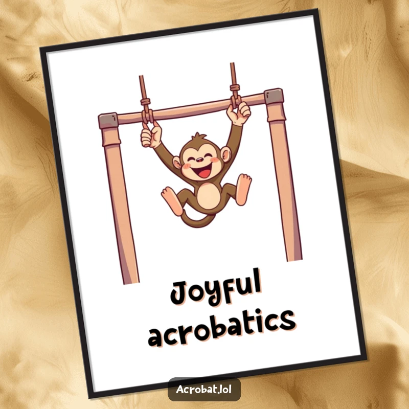 Funny monkey poster depicting a mischievous monkey swinging with joyful abandon from trapeze bars, a humorous and energetic piece of art.