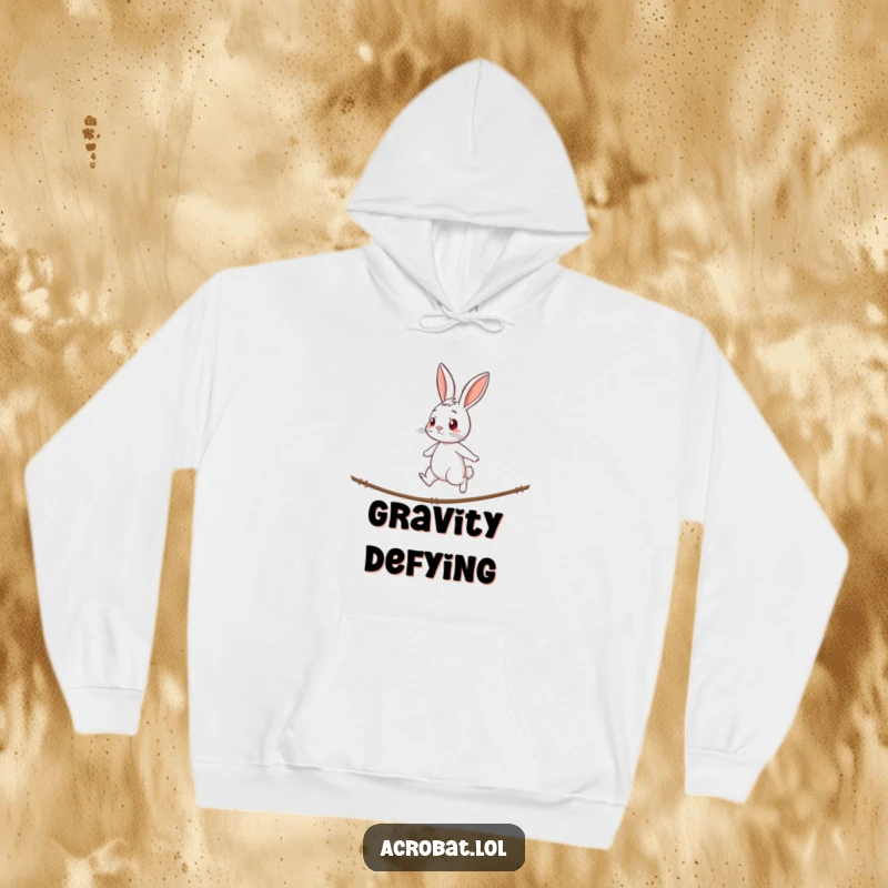 Funny rabbit hoodie showcasing a curious rabbit with a determined expression walking a tightrope, offering humorous comfort and focused inspiration.