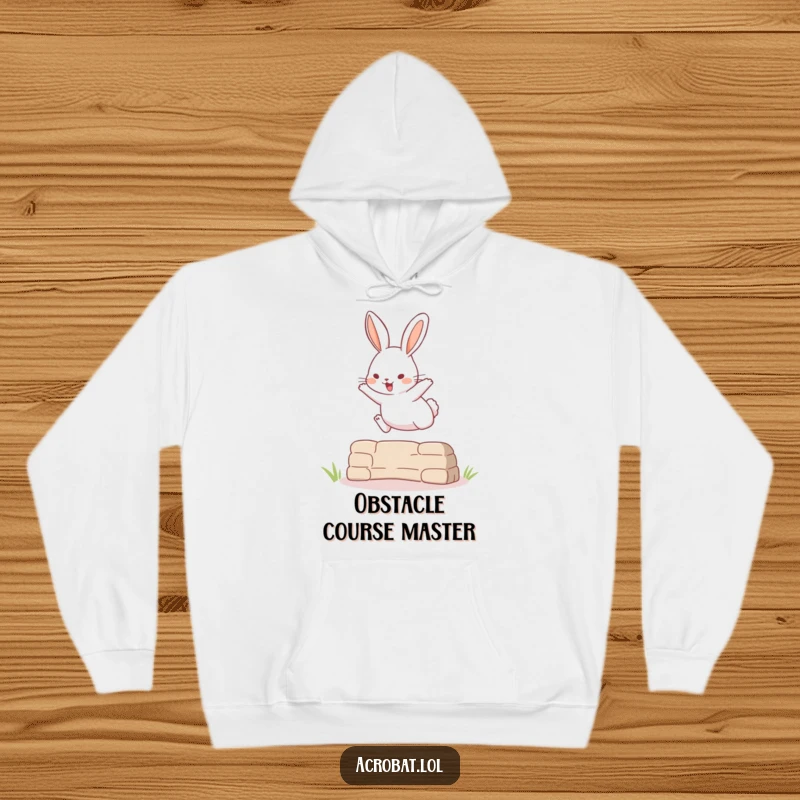 Funny hoodie showcasing a playful rabbit performing a surprisingly high jump over an obstacle, capturing dynamic energy.