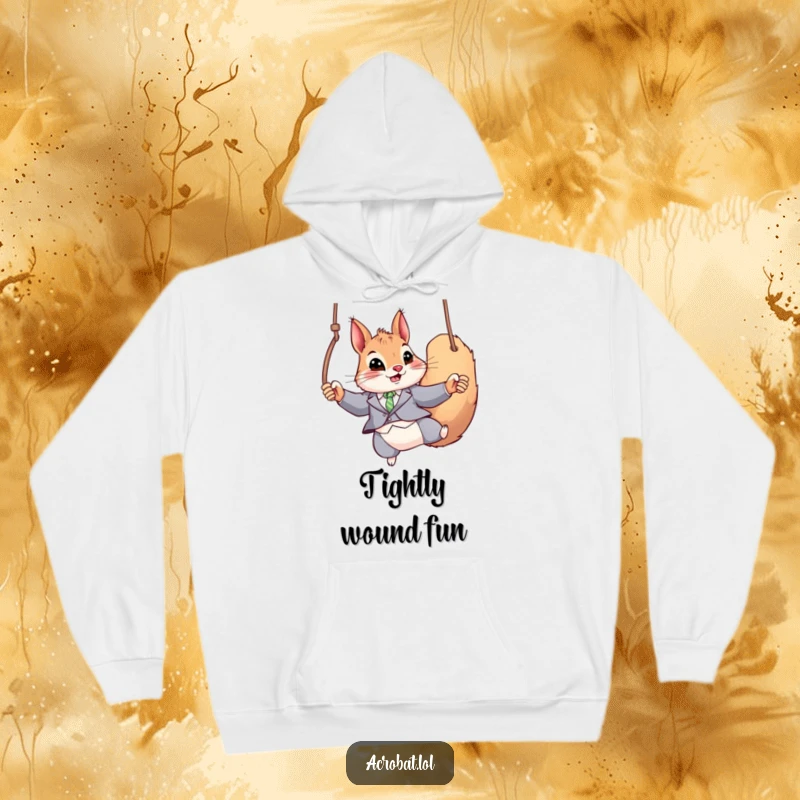 Funny Squirrel Hoodie: A playful squirrel in a tight suit swings on gymnastic rings, offering warmth and a dash of daring humor.