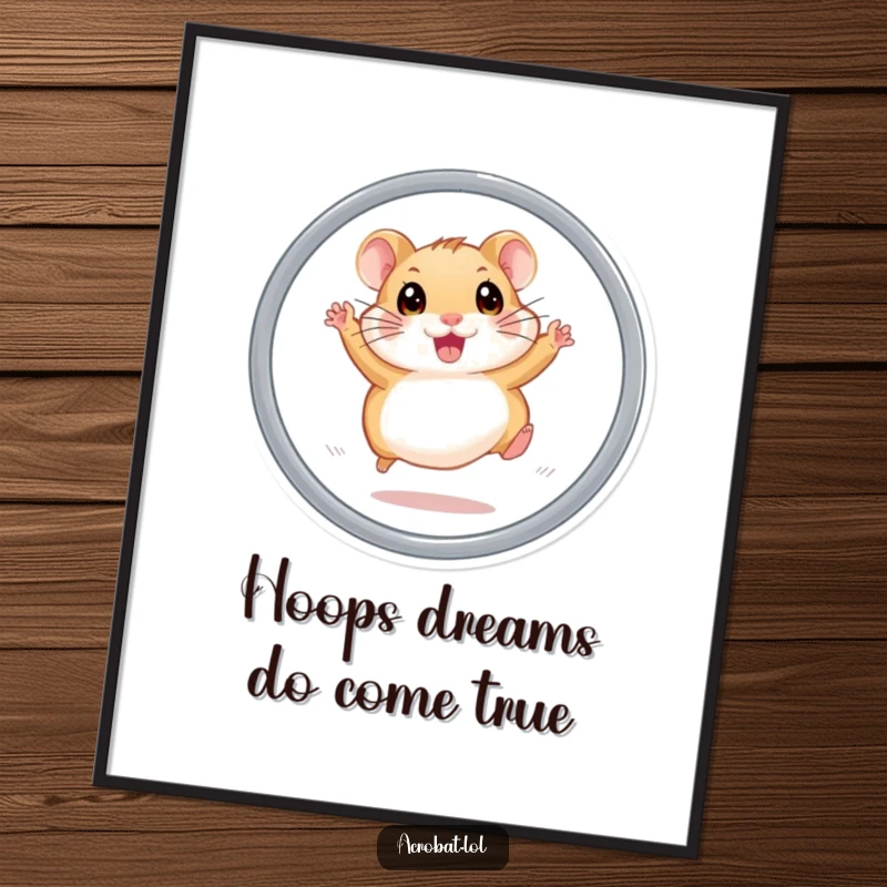 Funny Free Printable Wall Art: An energetic hamster leaping through a hoop with boundless enthusiasm and wide eyes.