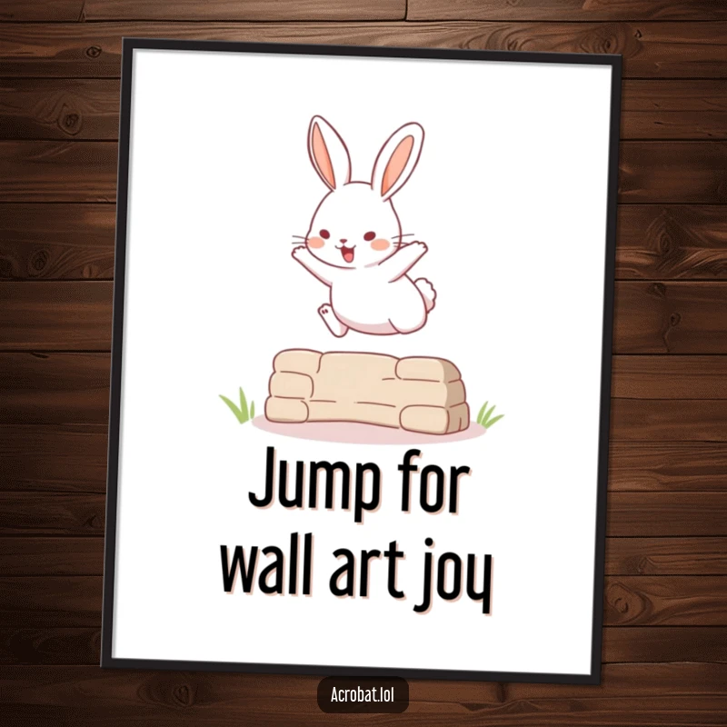 Funny Free Printable Wall Art: Playful rabbit captured mid-air during a surprisingly high jump over a tiny obstacle.