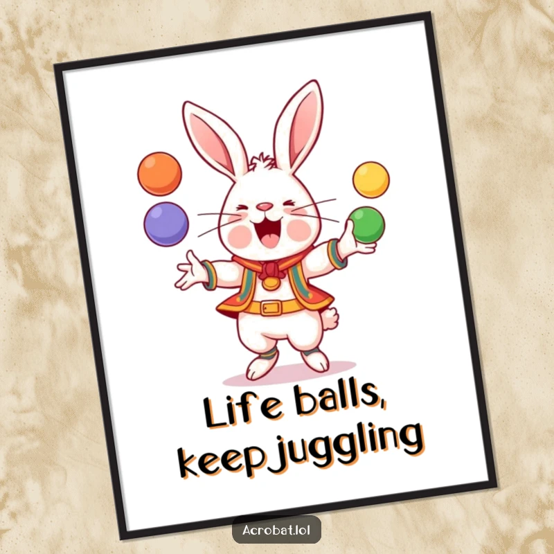 Funny Free Printable Wall Art: A happy rabbit in acrobatic gear, expertly juggling a cascade of colorful balls.