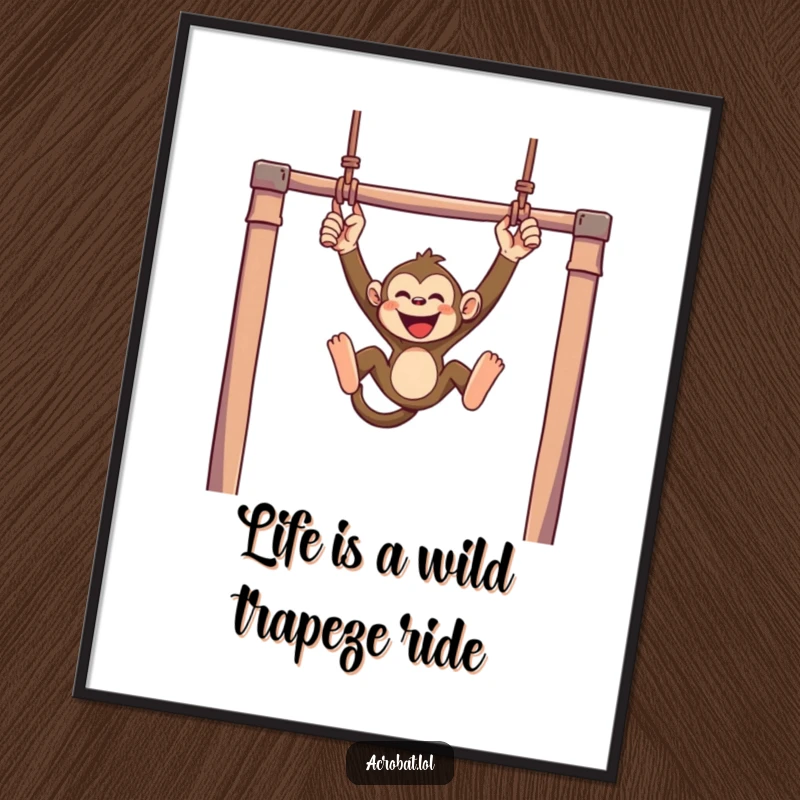 Funny Free Printable Wall Art: A mischievous monkey swinging with joyful abandon from trapeze bars.