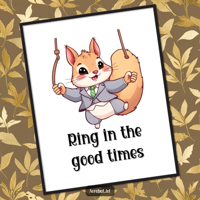 Funny Free Printable Wall Art: A playful squirrel dressed in a tight suit, performing a dynamic swing on gymnastic rings.