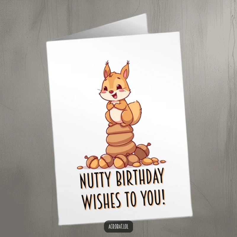 Funny Free Printable Birthday Card: Curious squirrel balancing on a tall stack of acorns, grinning with joy.